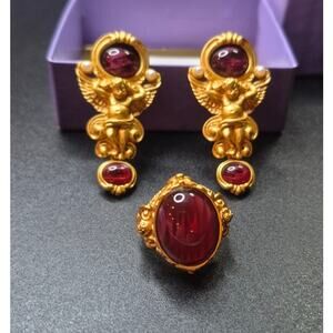 Vintage Elizabeth Taylor for Avon Gilded Age Cherub Earrings & Ring Size 7